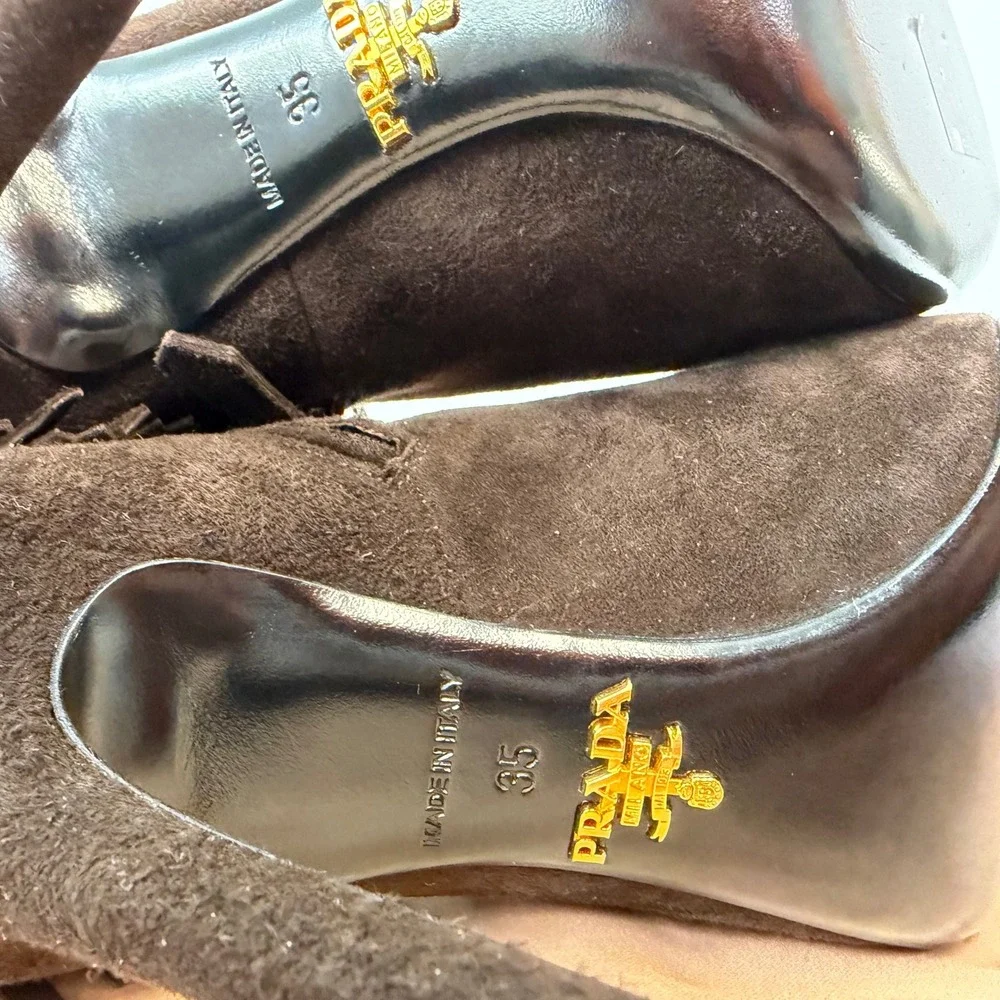Prada Fringe Peep Toe Booties‎ Women's 35 Brown Suede Stiletto Ankle Heels